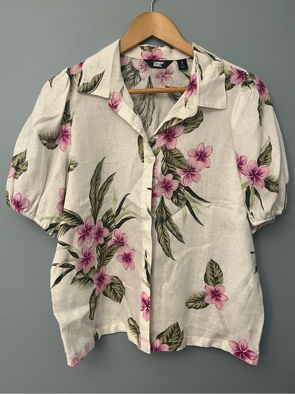 Lands' End Floral Linen Button-Front Short Sleeve Blouse